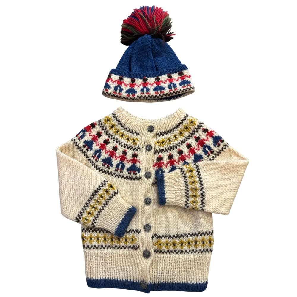 Handknit Vintage Norway Kids Wool Cardigan‎ Beanie Set Fair Isle People Motif